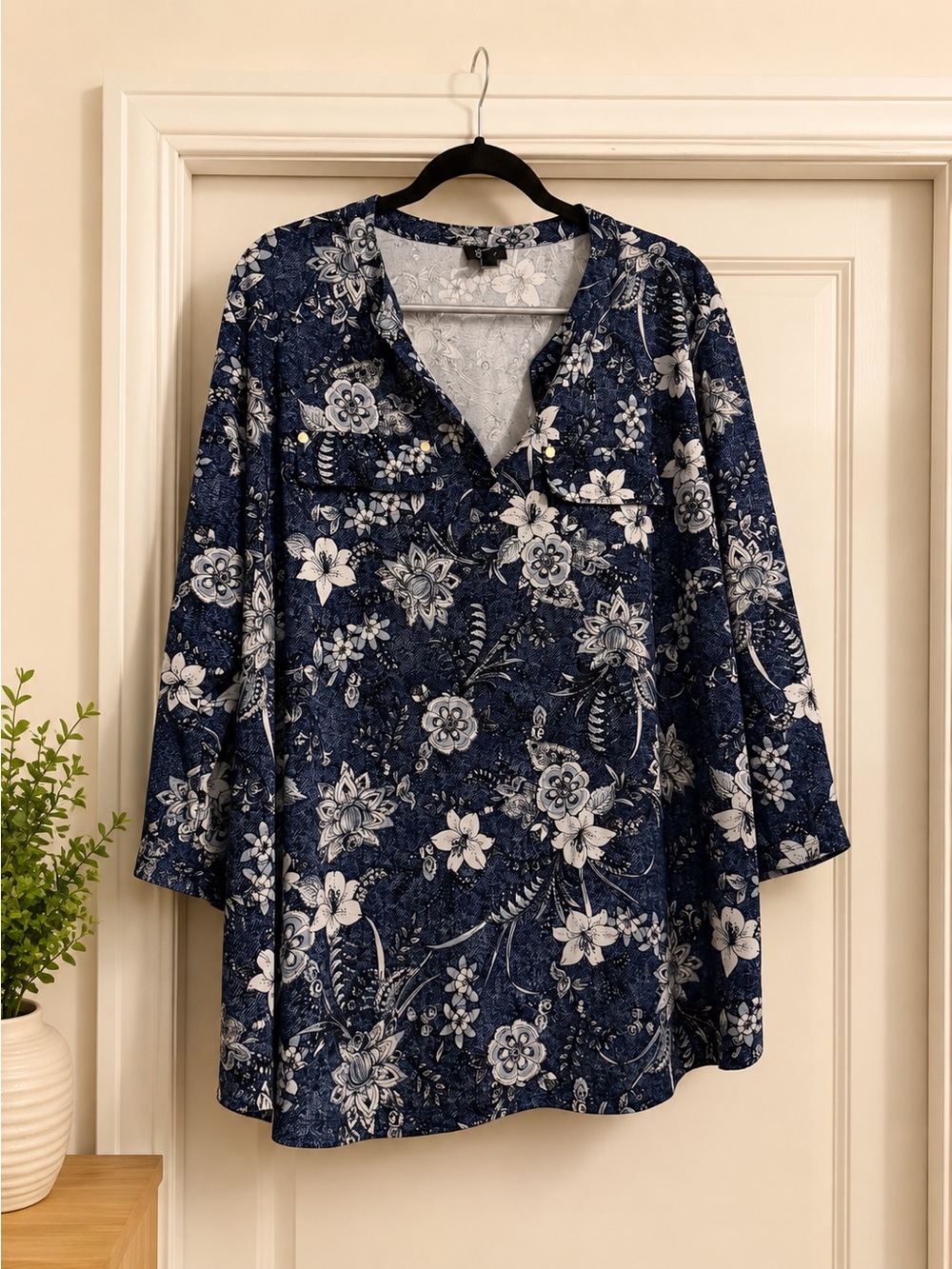Floral V-Neck Navy Tunic with White Print